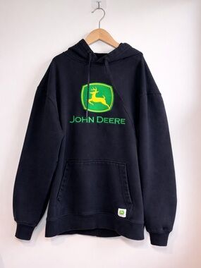 John Deere Black Hoodie | Embroidered Logo Pullover | Farmcore Workwear